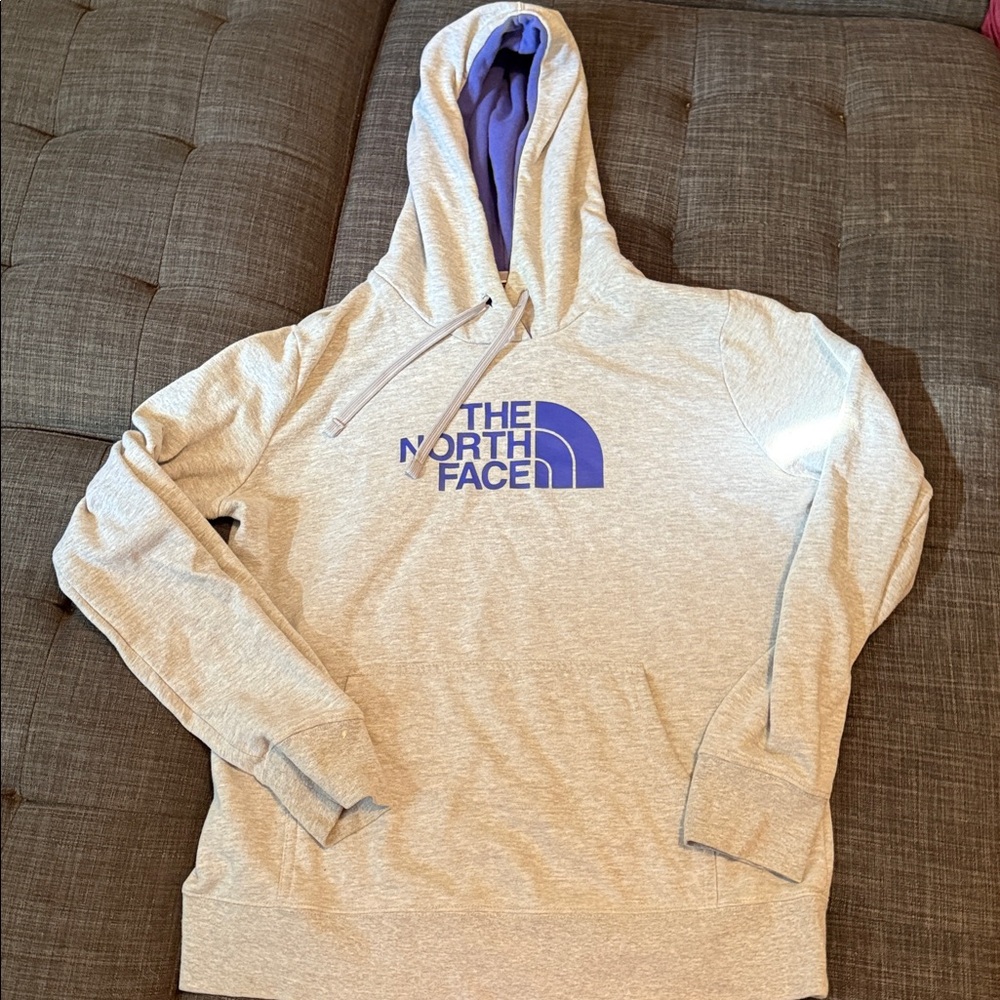 The North Face Heather Gray Hoodie with Blue Logo